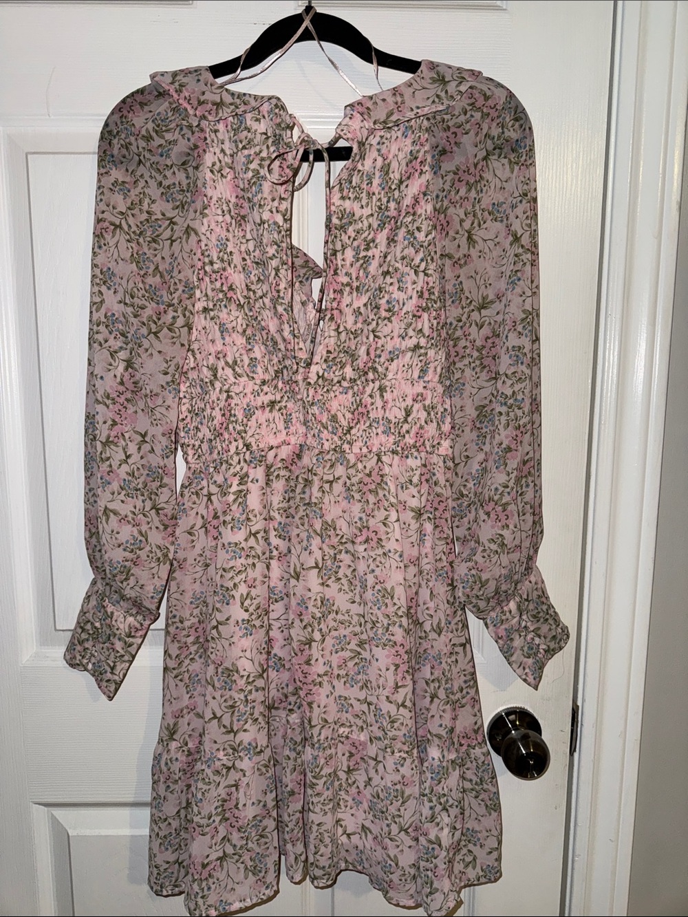 Japna Pink Floral Long Sleeve Tie-Front Mini Dress - Picture 3 of 4